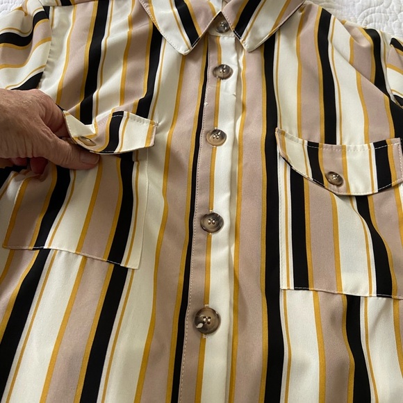 NY Collection Taupe and Navy Striped Long Sleeve Dress Business Casual, Classic - Picture 7 of 12